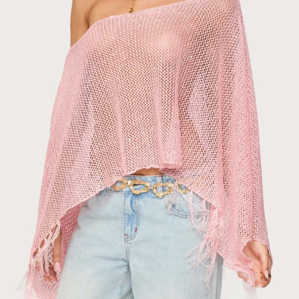 Edikted Pink Sequin Fringe Knit Poncho